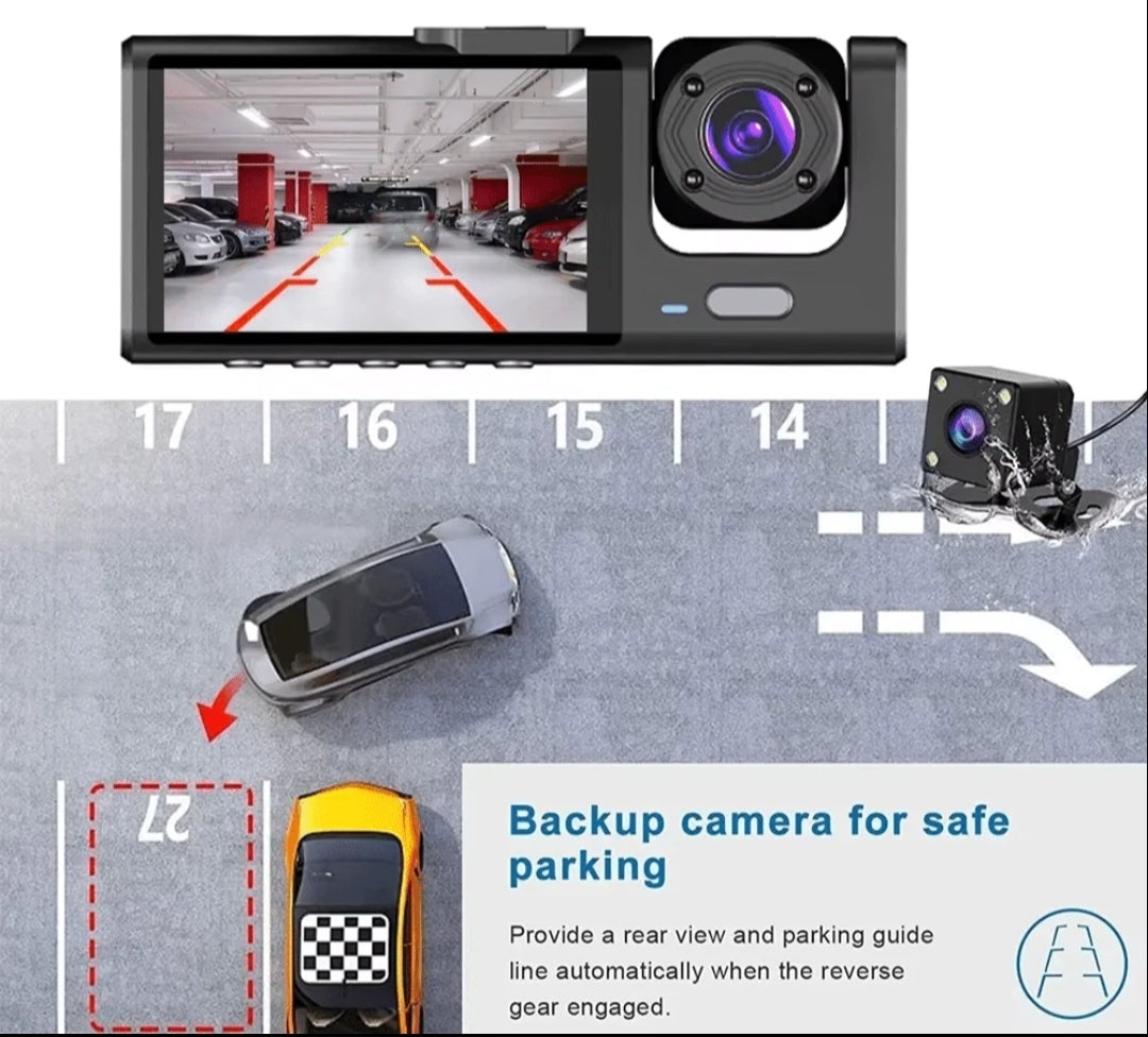 Three-Way DVR Dash Camera – Front, Rear & Interior Car Recorder