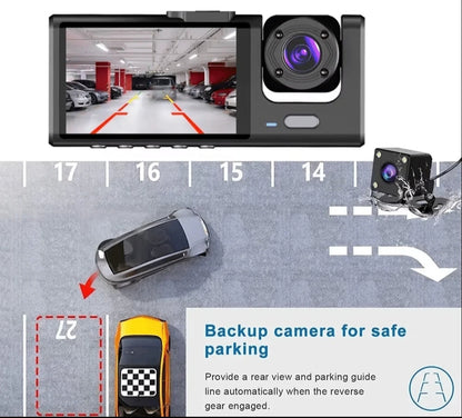 Three-Way DVR Dash Camera – Front, Rear & Interior Car Recorder