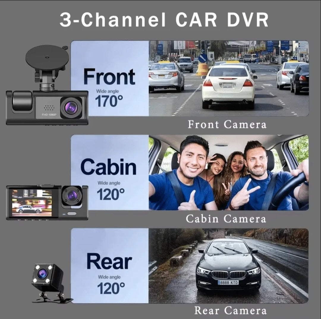 Three-Way DVR Dash Camera – Front, Rear & Interior Car Recorder