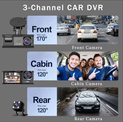 Three-Way DVR Dash Camera – Front, Rear & Interior Car Recorder